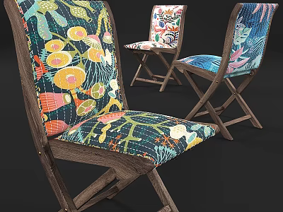 Vibrant Folding Leisure Chairs With Wooden Frame Cushioned Seats And Colorful Floral Prints 3d model