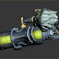 Blue Haired Character With Goggles In Mechanical Outfit Holding Large Weapon And Small Creature Companion