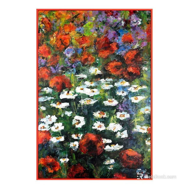 Vibrant Oil Painting Featuring Colorful Red Purple White Flowers in Lively Garden 3d model 