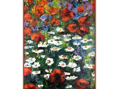 Vibrant Oil Painting Featuring Colorful Red Purple White Flowers in Lively Garden 3d model