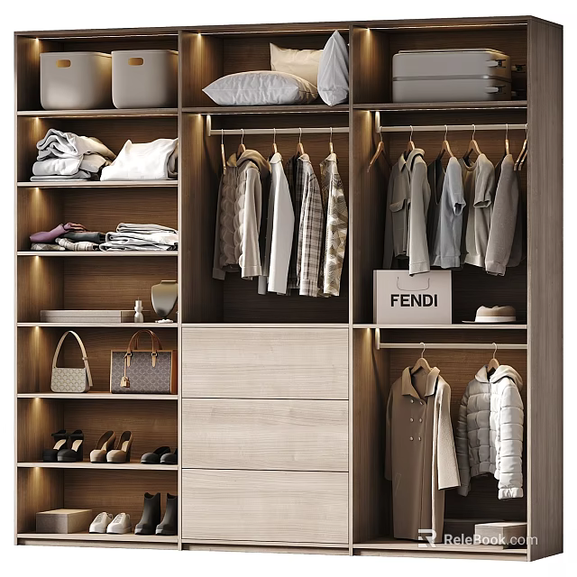 Chest of Drawers In Modern Wardrobe With Hanging Clothes Folded Items Bags And Shoes 3d model 