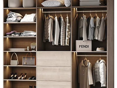 Chest of Drawers In Modern Wardrobe With Hanging Clothes Folded Items Bags And Shoes 3d model