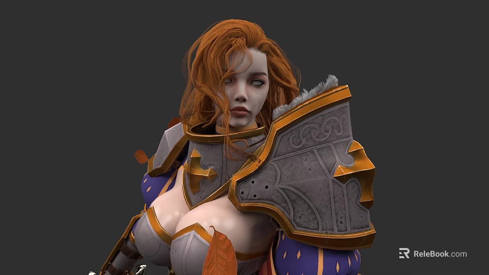 Woman In Ornate Gray And Gold Fantasy Armor With Orange Hair Purple Sleeves Shoulder Fur 3d model 