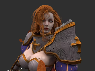 Woman In Ornate Gray And Gold Fantasy Armor With Orange Hair Purple Sleeves Shoulder Fur 3d model