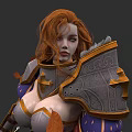 Woman In Ornate Gray And Gold Fantasy Armor With Orange Hair Purple Sleeves Shoulder Fur