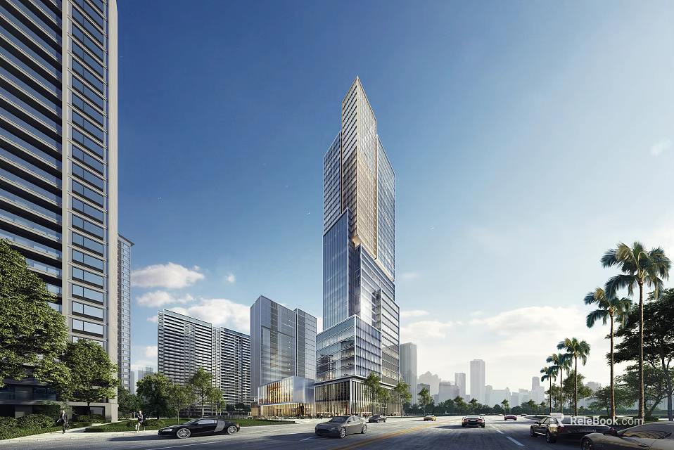 Modern Tall Office Building in Urban Setting With Trees Cars on Road And Blue Sky 3d model 