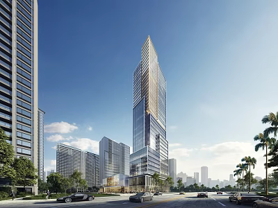 Modern Tall Office Building in Urban Setting With Trees Cars on Road And Blue Sky 3d model