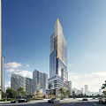 Modern Tall Office Building in Urban Setting With Trees Cars on Road And Blue Sky
