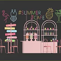 Pink Cafe Furniture With Neon Signs Tables Chairs Bar Counter And Decorations