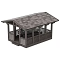 Wooden Gazebo With Sloped Roof Supporting Posts And Railed Sides For Outdoor Garden Area
