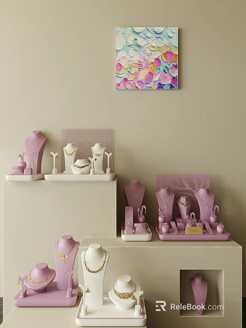 Elegant Jewelry Collection Display With Pastel Pink Stands And Mannequins 3d model 