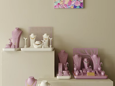 Elegant Jewelry Collection Display With Pastel Pink Stands And Mannequins 3d model