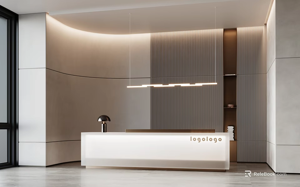 Modern White Reception Desk Interior Design With Wooden Slats Wall And Hanging Pendant Lights 3d model 