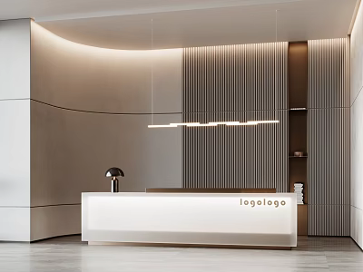 Modern White Reception Desk Interior Design With Wooden Slats Wall And Hanging Pendant Lights 3d model