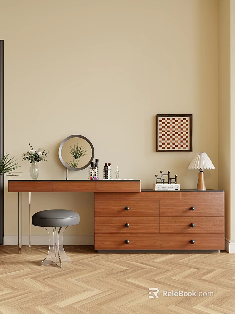 Wooden Dressing Table with Round Mirror Drawers Grey Stool and Table Lamp on Beige Wall 3d model 