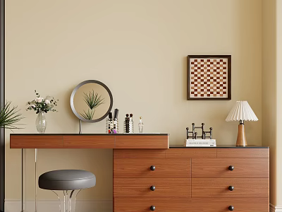 Wooden Dressing Table with Round Mirror Drawers Grey Stool and Table Lamp on Beige Wall 3d model