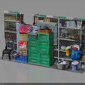 Organized Household Supplies Storage With Green Boxes Multiple Baskets Bags And Metal Shelves
