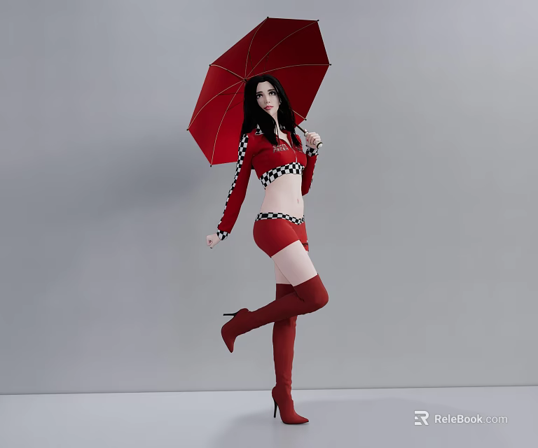 A Woman In Red And Black Checkered Outfit Holding Red Umbrella With Thigh High Boots 3d model 
