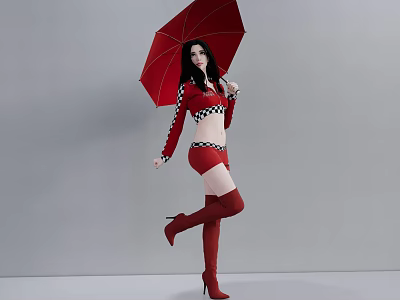A Woman In Red And Black Checkered Outfit Holding Red Umbrella With Thigh High Boots 3d model