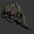 Military Soldier in Camouflage Uniform Holding Rifle With Tactical Gear Standing Isolated on Gray Background