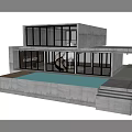 Modern Detached Villa with Concrete Structure Large Glass Windows Swimming Pool and Seaside View