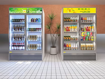 Two Display Refrigerators With Colored Tops Filled With Various Beverages In Indoor Space 3d model
