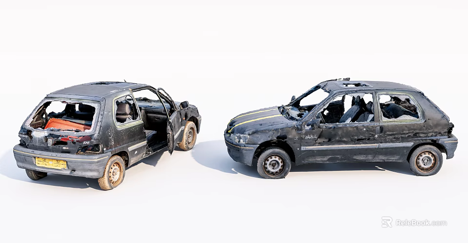 Two Wrecked Blackened Cars With Open Doors And Broken Windows After Collision 3d model 