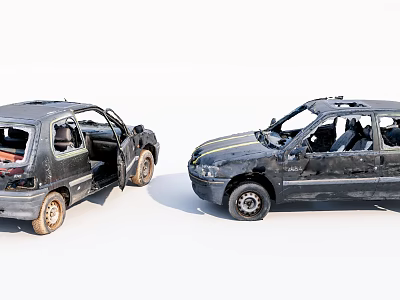 Two Wrecked Blackened Cars With Open Doors And Broken Windows After Collision 3d model