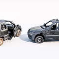 Two Wrecked Blackened Cars With Open Doors And Broken Windows After Collision
