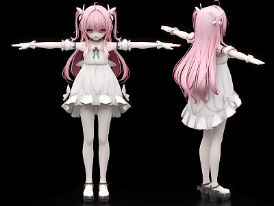 Anime Game Character With Pink Long Hair White Dress Mask And Bow Accessory 3d model