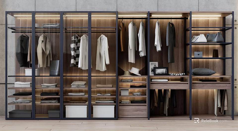 Modern Wardrobe With Glass Doors Hanging Clothes Drawers And Shelves 3d model 