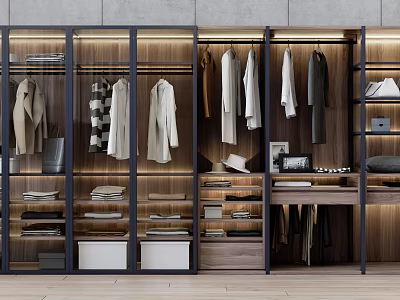 Modern Wardrobe With Glass Doors Hanging Clothes Drawers And Shelves 3d model