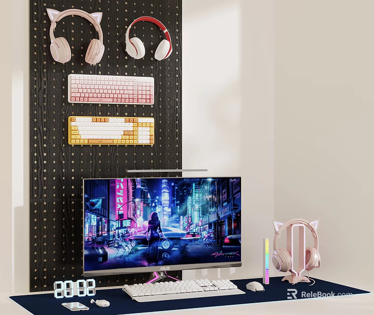 Gaming Computer Desk Setup With Monitor Multiple Keyboards Pink Headphones And Pegboard Wall 3d model 