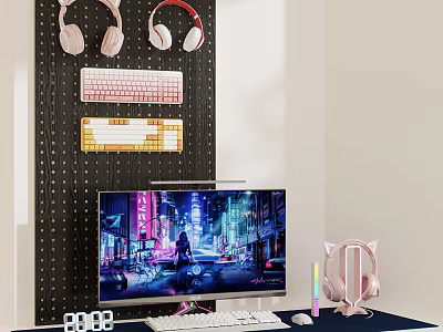 Gaming Computer Desk Setup With Monitor Multiple Keyboards Pink Headphones And Pegboard Wall 3d model