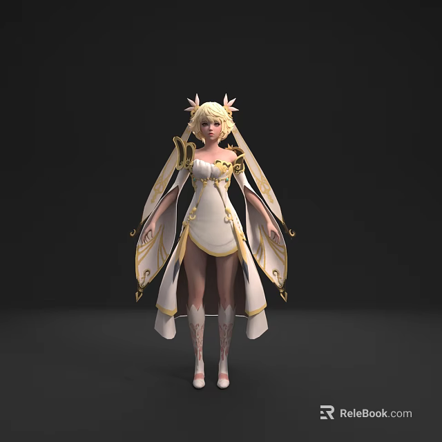 Game Anime Character in White Outfit With Golden Accents Headpiece And Winged Accessories Design 3d model 