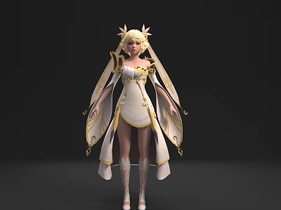 Game Anime Character in White Outfit With Golden Accents Headpiece And Winged Accessories Design 3d model