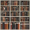 Vintage Books Collection on Wooden Bookshelf with Various Colors and Classic Bindings