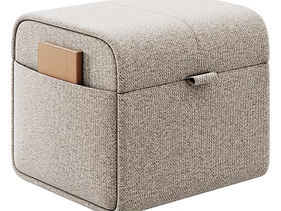 Gray Fabric Storage Ottoman With Side Pocket And Carrying Handle 3d model