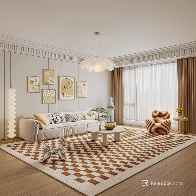 Modern Living Room With White Sofa Throw Pillows Orange Chair Checkered Rug And Wall Art 3d model 
