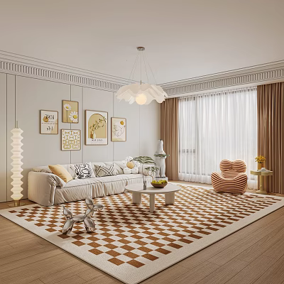 Modern Living Room With White Sofa Throw Pillows Orange Chair Checkered Rug And Wall Art 3d model
