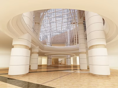 Modern Spacious Shopping Mall Lobby With Glass Ceiling White Columns Bright Lighting And Marble Floor 3d model
