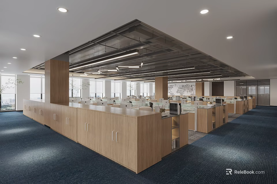 Spacious Public Office Space With Wooden Workstations Blue Carpet And Bright Lighting 3d model 