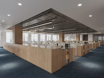 Spacious Public Office Space With Wooden Workstations Blue Carpet And Bright Lighting 3d model