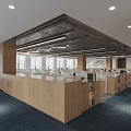Spacious Public Office Space With Wooden Workstations Blue Carpet And Bright Lighting