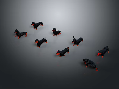 Multiple Small Black Dachshund Figurines with Red Eyes on Black Background 3d model