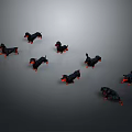 Multiple Small Black Dachshund Figurines with Red Eyes on Black Background 3d model
