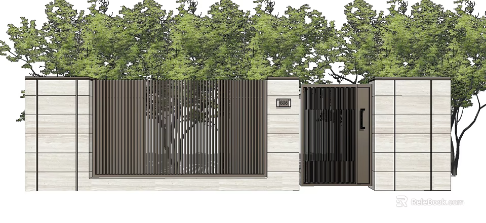 Modern Entrance Gate With Black Metal Slats Stone Wall And Green Trees 3d model 