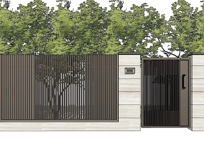 Modern Entrance Gate With Black Metal Slats Stone Wall And Green Trees 3d model