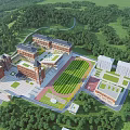 Spacious Campus With Red Brick School Buildings Large Sports Field And Green Trees