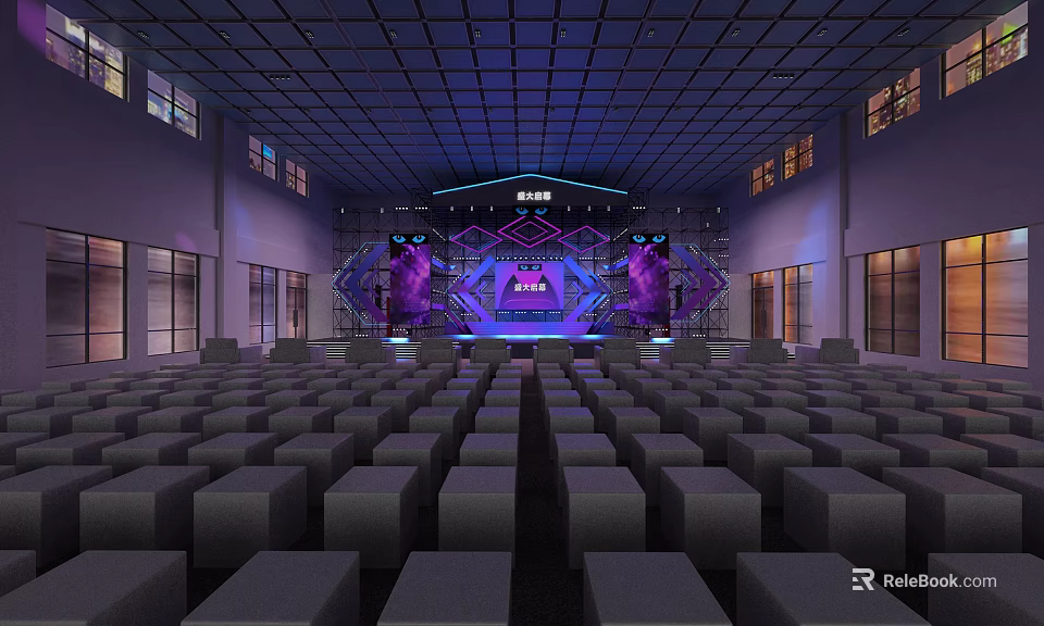 Modern Theater Interior With Neatly Arranged Seats Stage Purple Lighting Background Screens And Grid Ceiling 3d model 